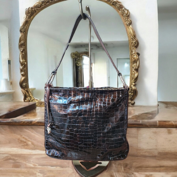 **Brighton Cher Espresso Croco Patient Leather Shoulder Bag Excellent Condition